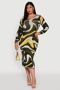 Womens Plus Size Swirl Printed Pattern Sweater Dress, Green, Size 1X