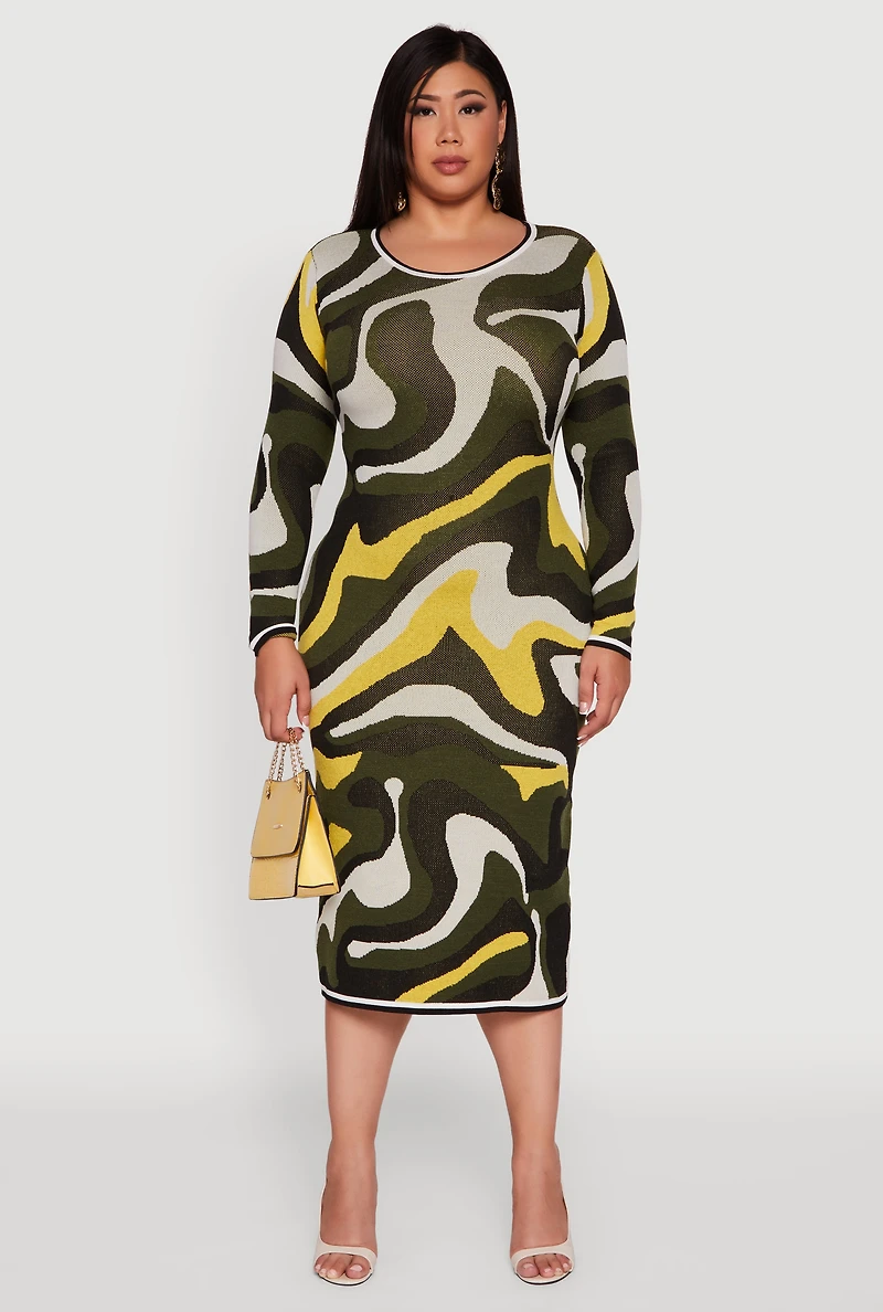Womens Plus Size Swirl Printed Pattern Sweater Dress, Green, Size 1X