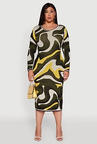 Womens Plus Size Swirl Printed Pattern Sweater Dress, Green, Size 1X