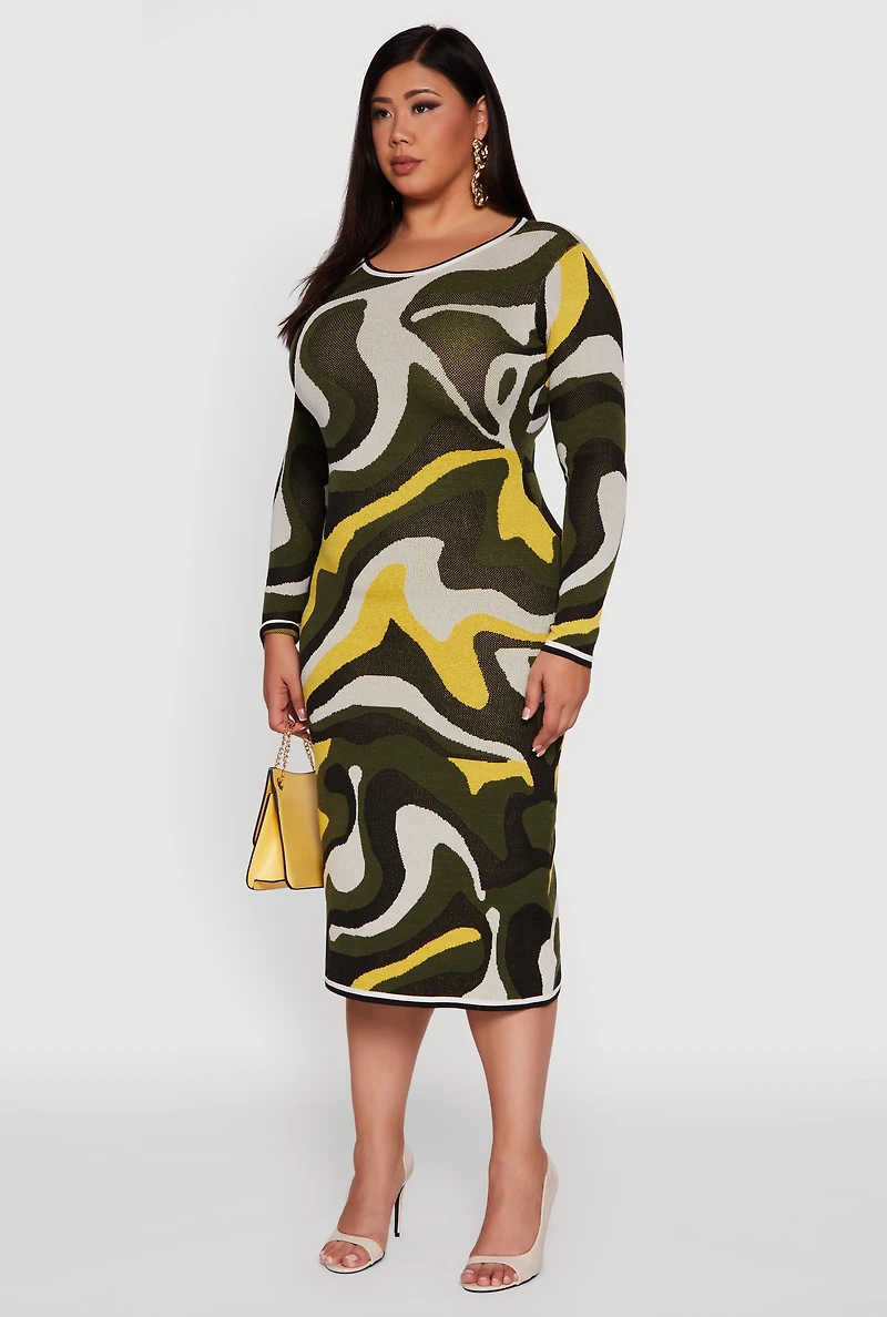 Womens Plus Size Swirl Printed Pattern Sweater Dress, Green, Size 1X