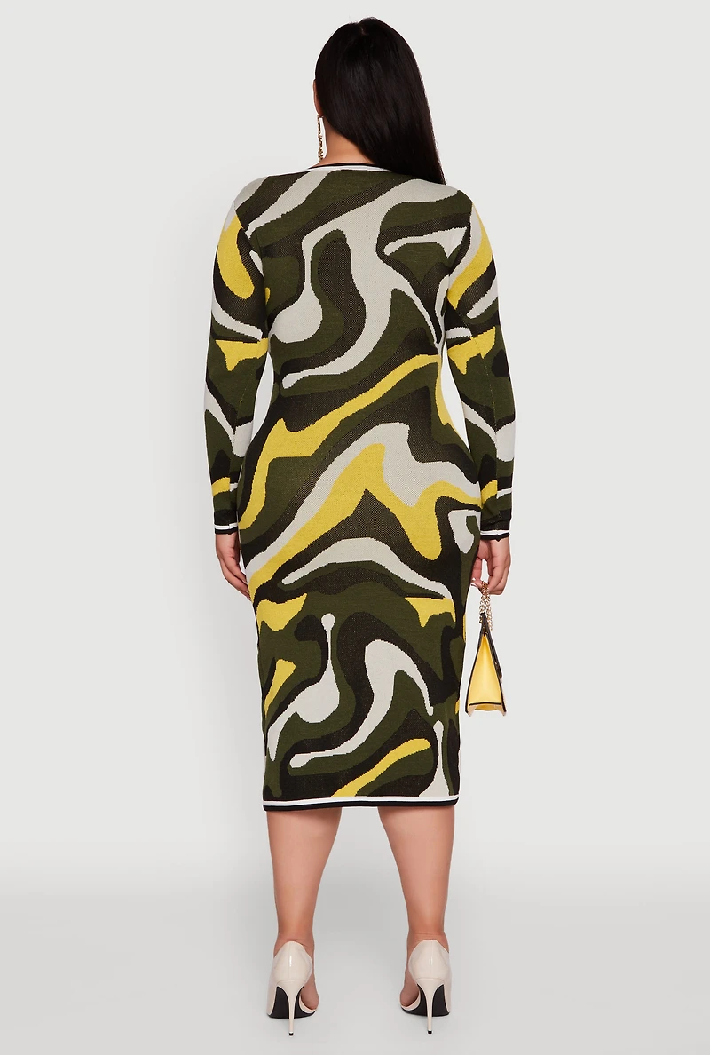 Womens Plus Size Swirl Printed Pattern Sweater Dress, Green, Size 1X