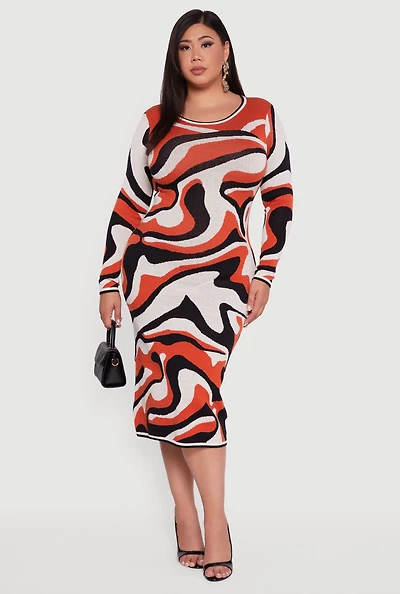 Womens Plus Size Swirl Printed Pattern Sweater Dress, Orange, Size 1X