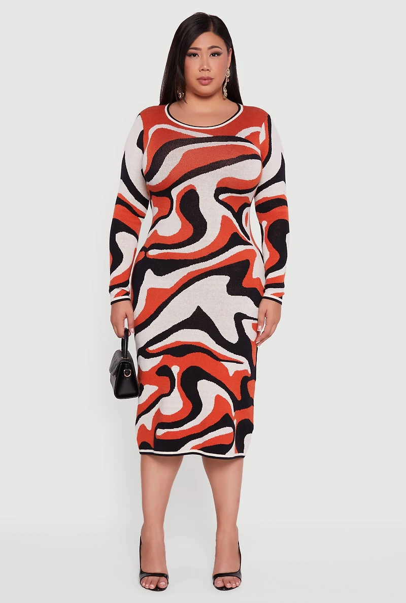 Womens Plus Size Swirl Printed Pattern Sweater Dress, Orange, Size 1X