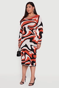 Womens Plus Size Swirl Printed Pattern Sweater Dress, Orange, Size 1X