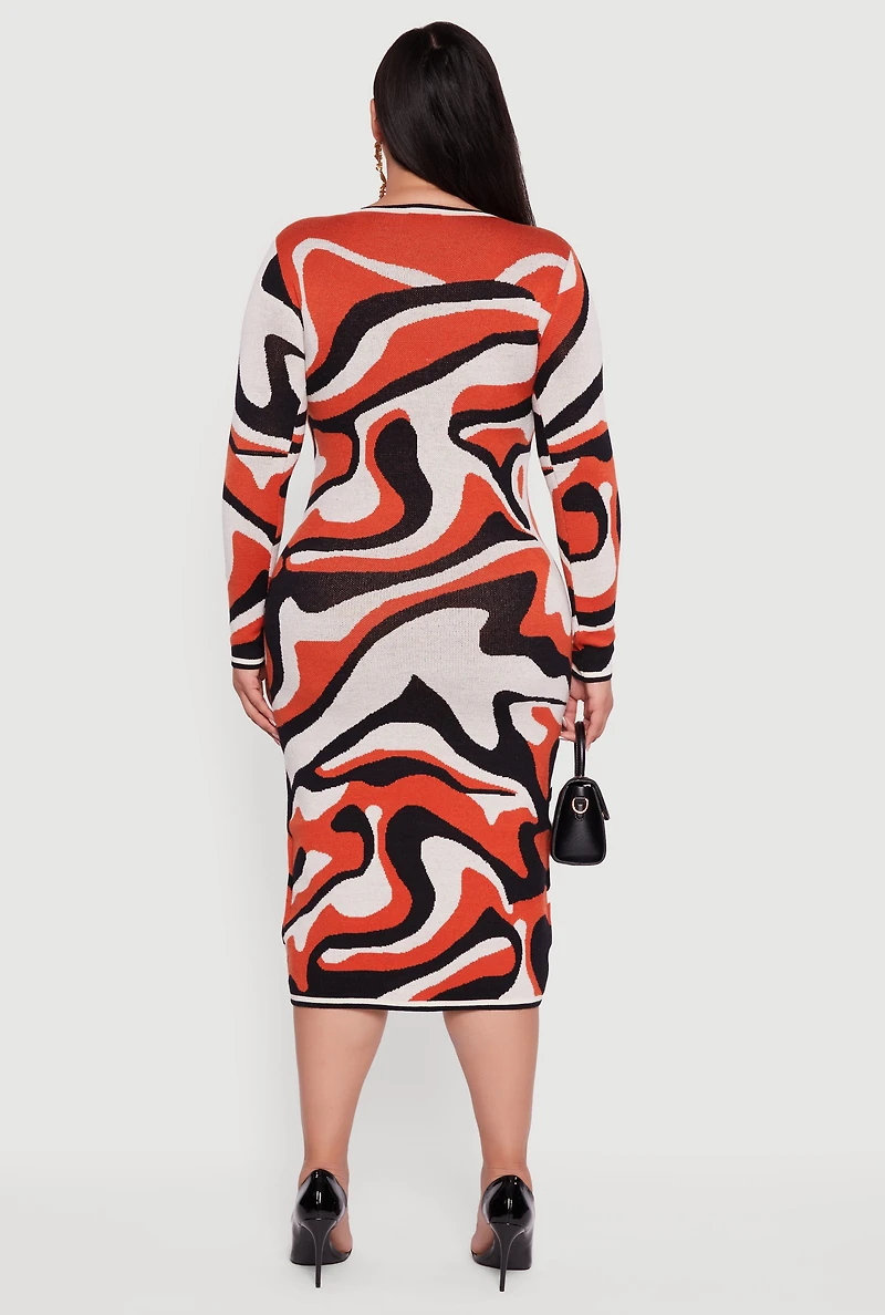 Womens Plus Size Swirl Printed Pattern Sweater Dress, Orange, Size 1X