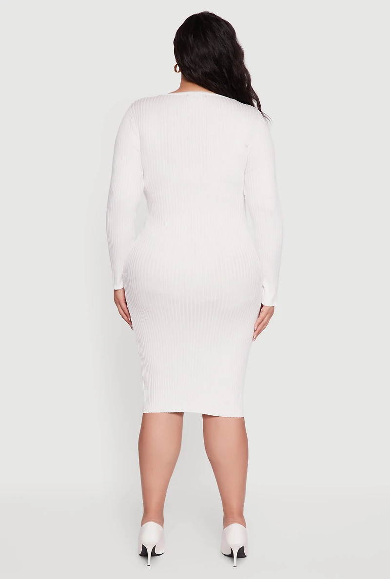 Womens Plus Size Sweater Dress with Removable Collar and Cuffs, White, Size 1X