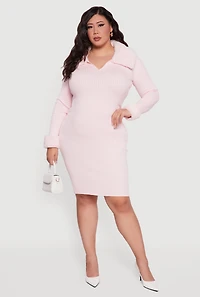 Womens Plus Sweater Dress with Removable Collar and Cuffs, Pink,