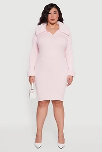 Womens Plus Sweater Dress with Removable Collar and Cuffs, Pink,