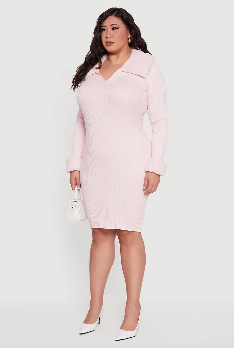 Womens Plus Sweater Dress with Removable Collar and Cuffs, Pink,