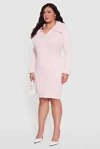 Womens Plus Sweater Dress with Removable Collar and Cuffs, Pink,