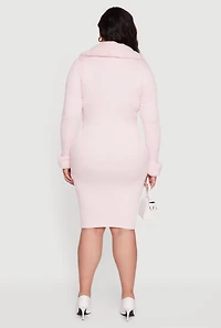 Womens Plus Sweater Dress with Removable Collar and Cuffs, Pink,