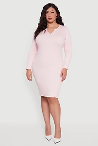 Womens Plus Sweater Dress with Removable Collar and Cuffs, Pink,