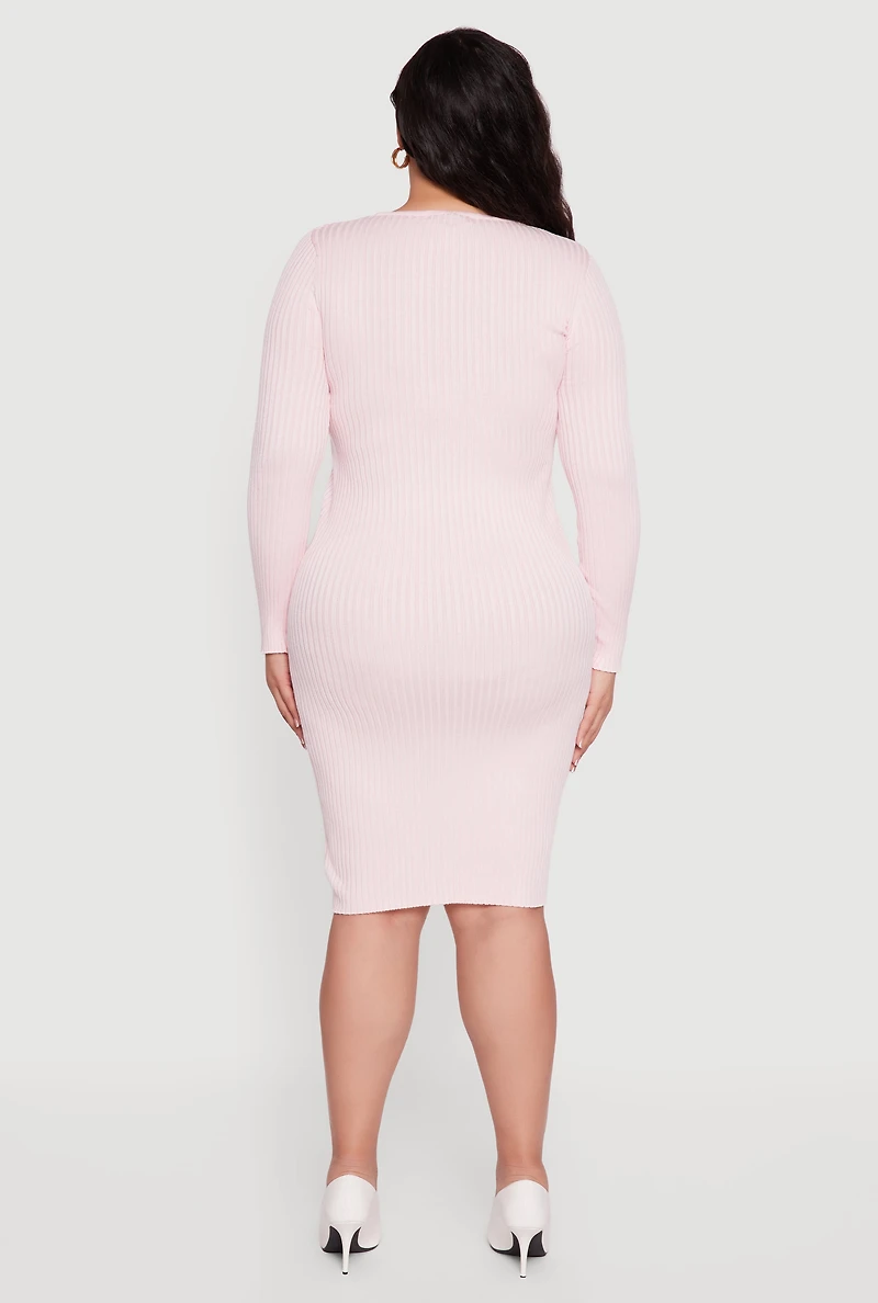 Womens Plus Sweater Dress with Removable Collar and Cuffs, Pink,