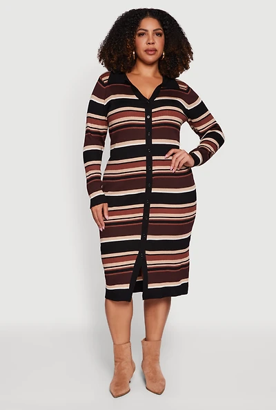Plus Collared Front Slit Striped Sweater Dress