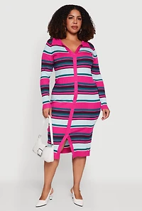 Plus Collared Front Slit Striped Sweater Dress