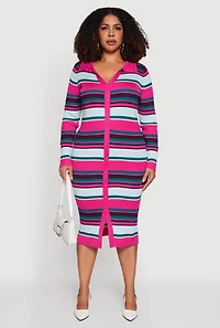 Plus Collared Front Slit Striped Sweater Dress