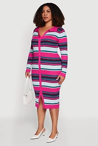 Plus Collared Front Slit Striped Sweater Dress