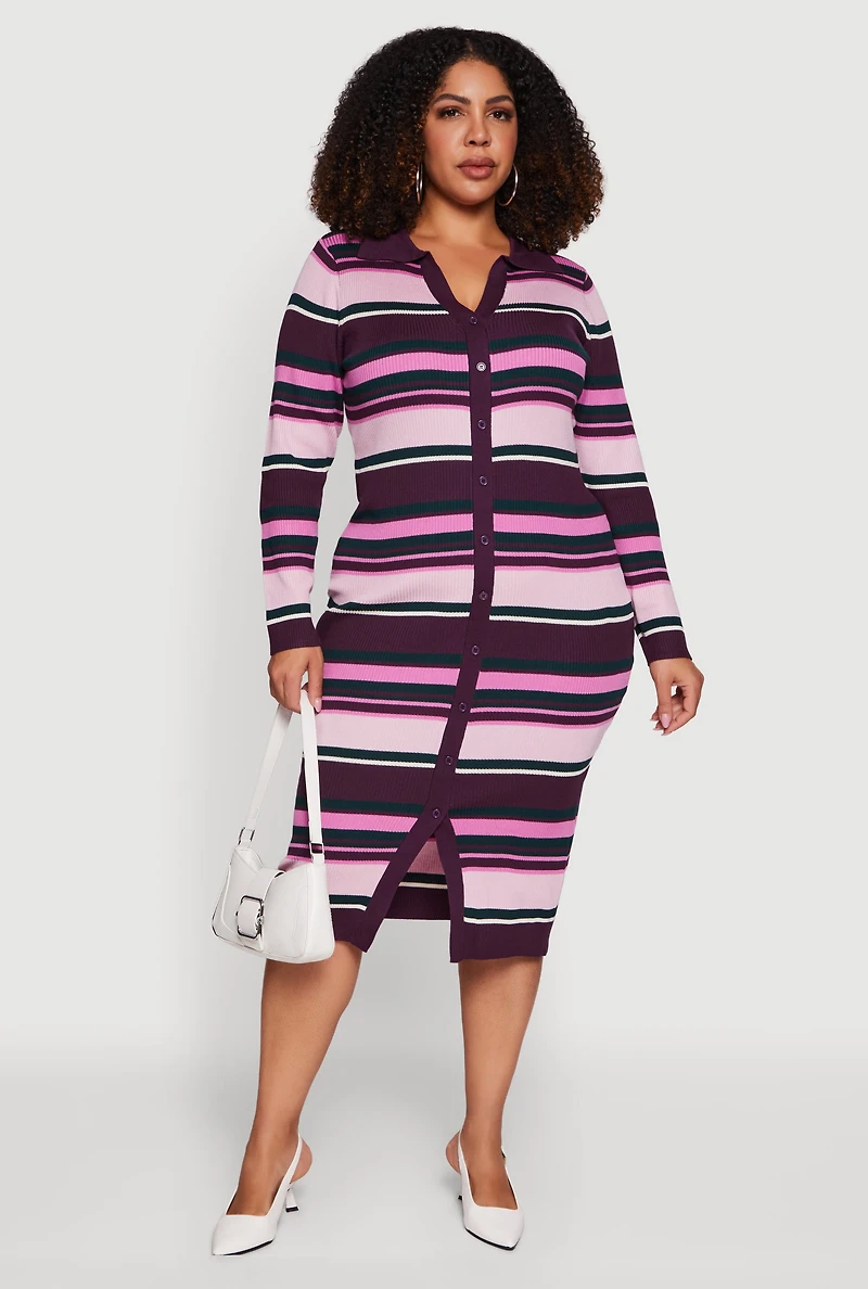 Womens Plus Collared Front Slit Striped Sweater Dress, Purple,