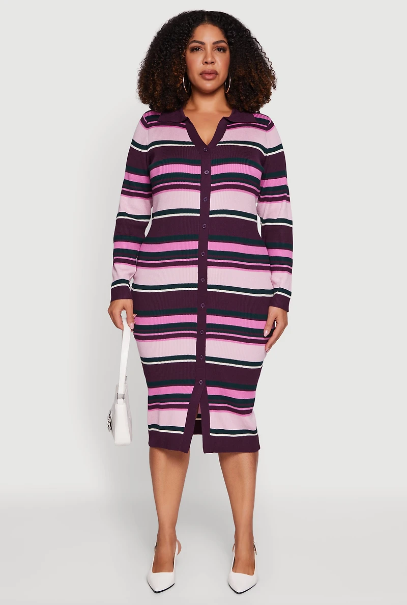Womens Plus Collared Front Slit Striped Sweater Dress, Purple,