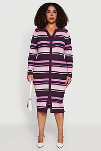 Womens Plus Collared Front Slit Striped Sweater Dress, Purple,