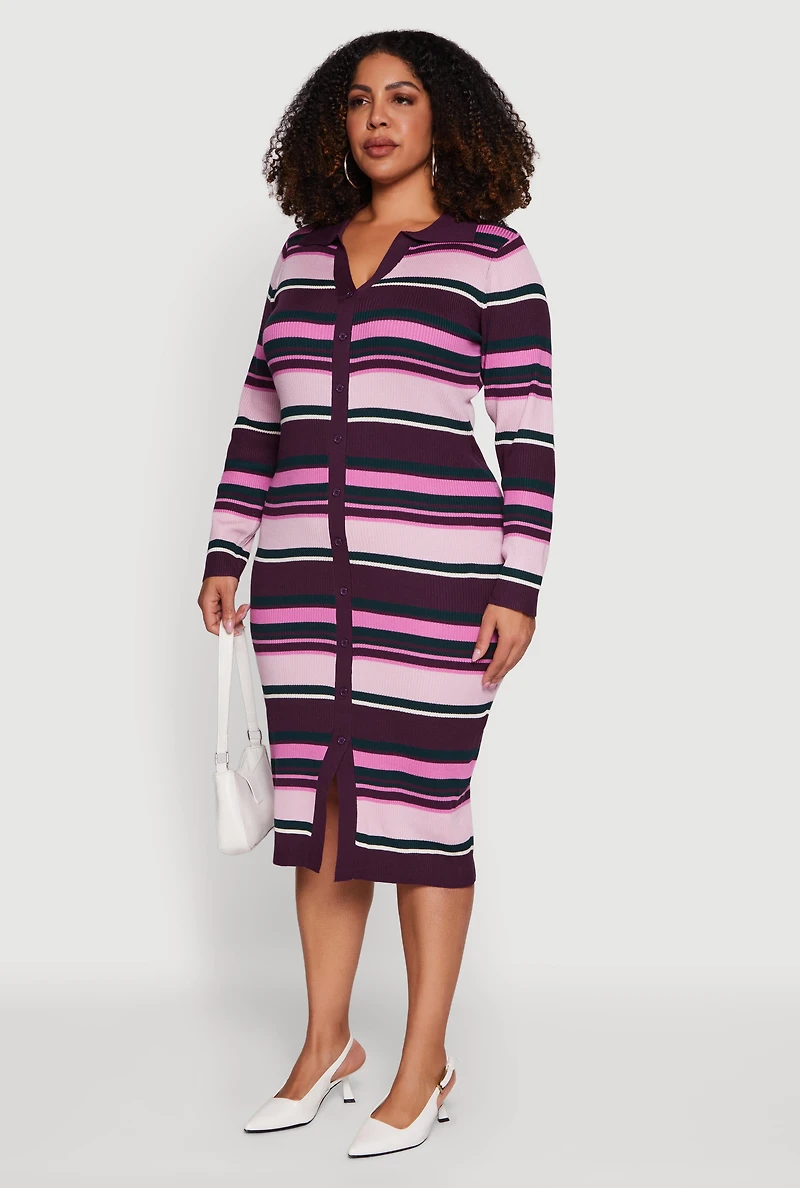 Womens Plus Collared Front Slit Striped Sweater Dress, Purple,