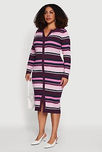 Womens Plus Size Collared Front Slit Striped Sweater Dress, Purple, Size 1X