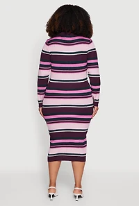 Womens Plus Size Collared Front Slit Striped Sweater Dress, Purple, Size 1X