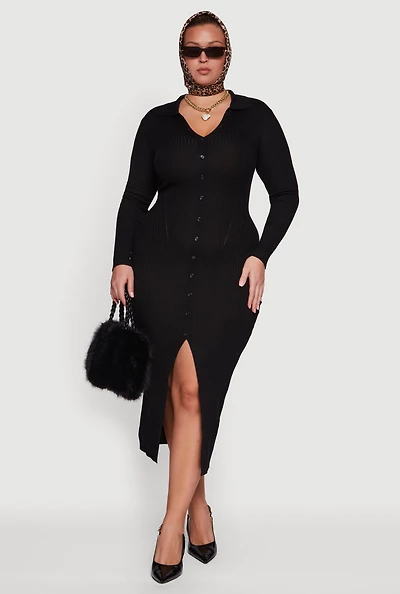 Womens Plus Size Almost Famous Rib Knit Slit Front Sweater Dress, Black, Size 3X