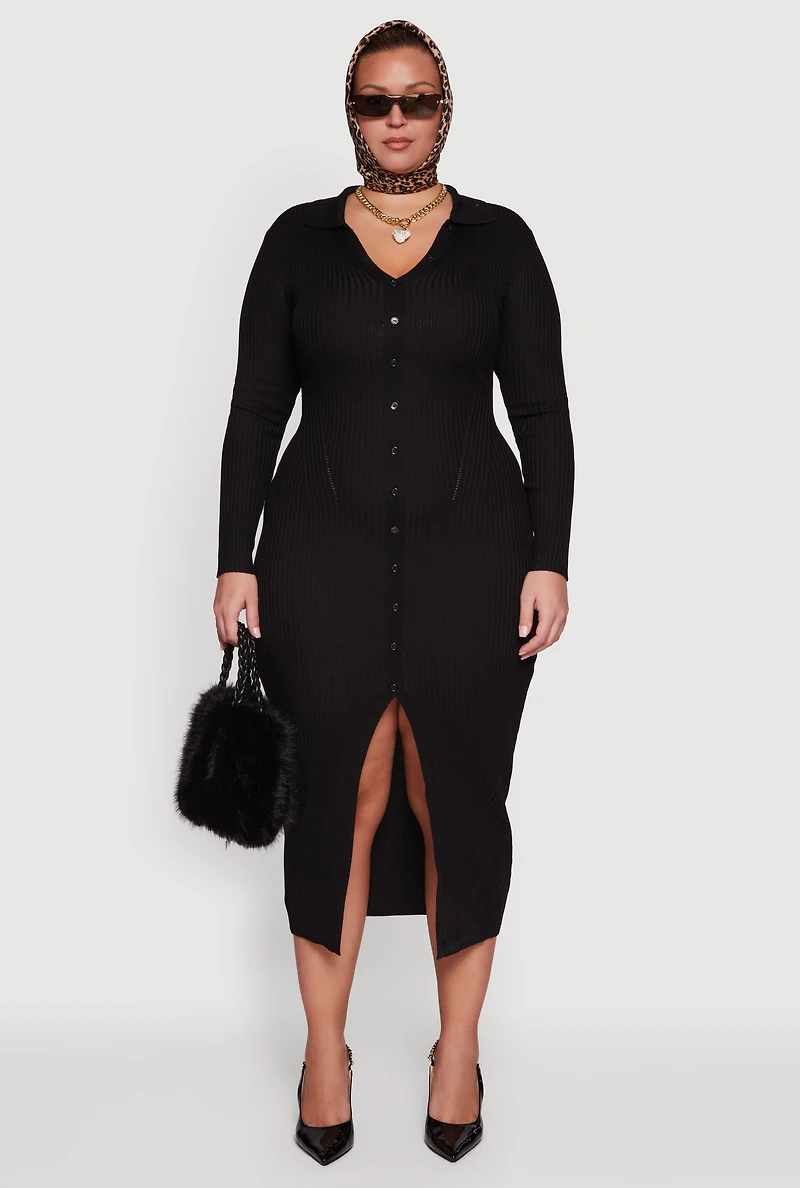 Womens Plus Size Almost Famous Rib Knit Slit Front Sweater Dress, Black, Size 1X