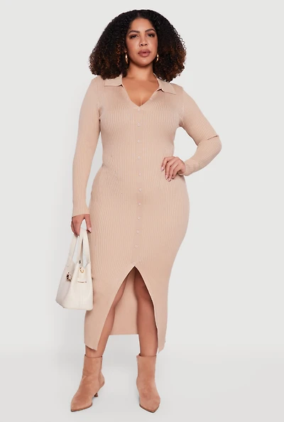 Plus Almost Famous Rib Knit Slit Front Sweater Dress