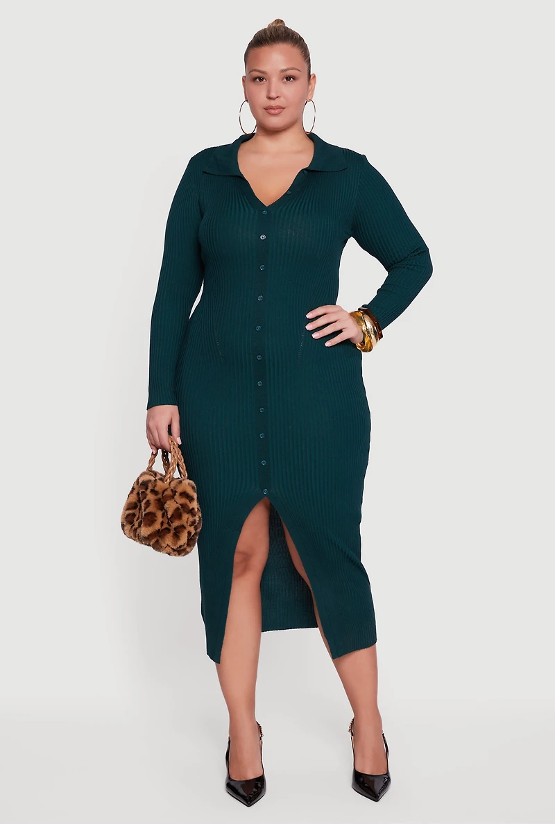 Womens Plus Size Almost Famous Rib Knit Slit Front Sweater Dress, Green, Size 1X