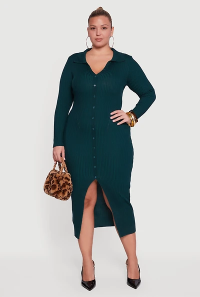 Womens Plus Size Almost Famous Rib Knit Slit Front Sweater Dress, Green, Size 1X