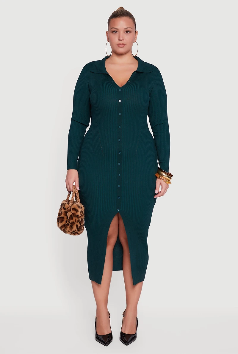 Plus Almost Famous Rib Knit Slit Front Sweater Dress