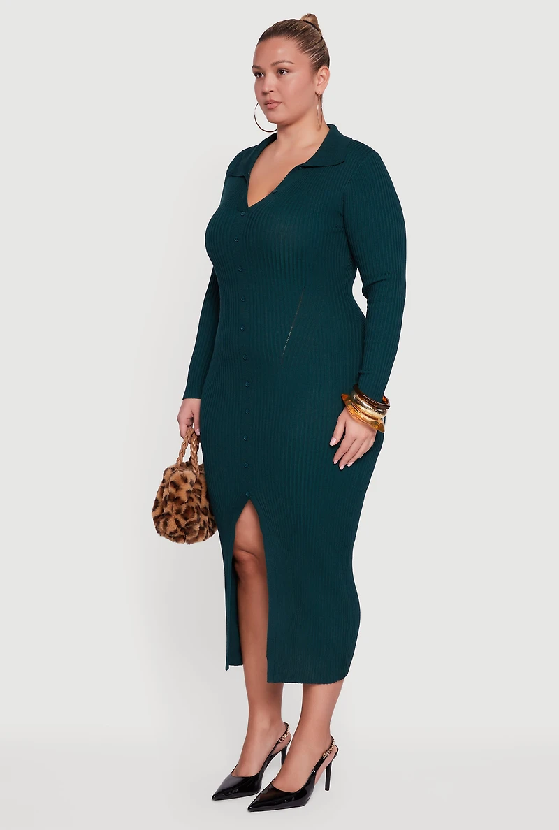Womens Plus Size Almost Famous Rib Knit Slit Front Sweater Dress, Green, Size 1X