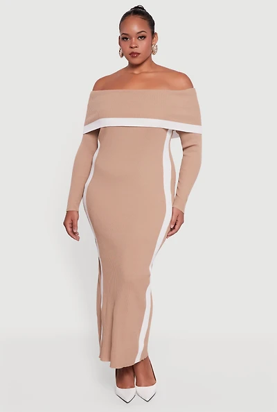 Womens Plus Size Contrast Trim Ribbed Knit Sweater Dress, Beige, Size 1X