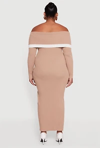 Womens Plus Size Contrast Trim Ribbed Knit Sweater Dress, Beige, Size 1X