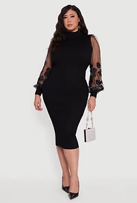Womens Plus Size Embroidered Floral Mesh Sleeve Sweater Dress, Black, Size 1X