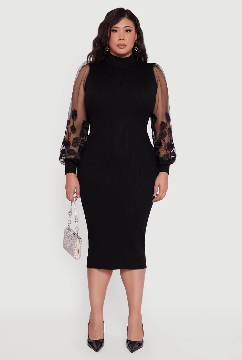 Womens Plus Size Embroidered Floral Mesh Sleeve Sweater Dress, Black, Size 1X