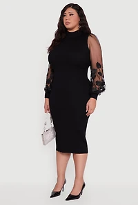 Womens Plus Size Embroidered Floral Mesh Sleeve Sweater Dress, Black, Size 1X