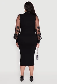 Womens Plus Size Embroidered Floral Mesh Sleeve Sweater Dress, Black, Size 1X