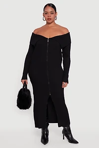 Womens Plus Zip Front Fold Over Off the Shoulder Dress,