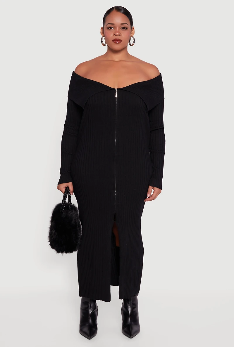 Womens Plus Zip Front Fold Over Off the Shoulder Dress, 3X