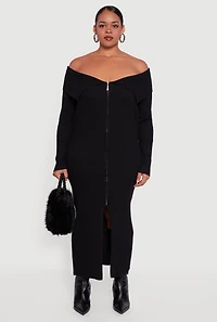 Womens Plus Zip Front Fold Over Off the Shoulder Dress, 3X