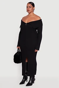Womens Plus Zip Front Fold Over Off the Shoulder Dress,