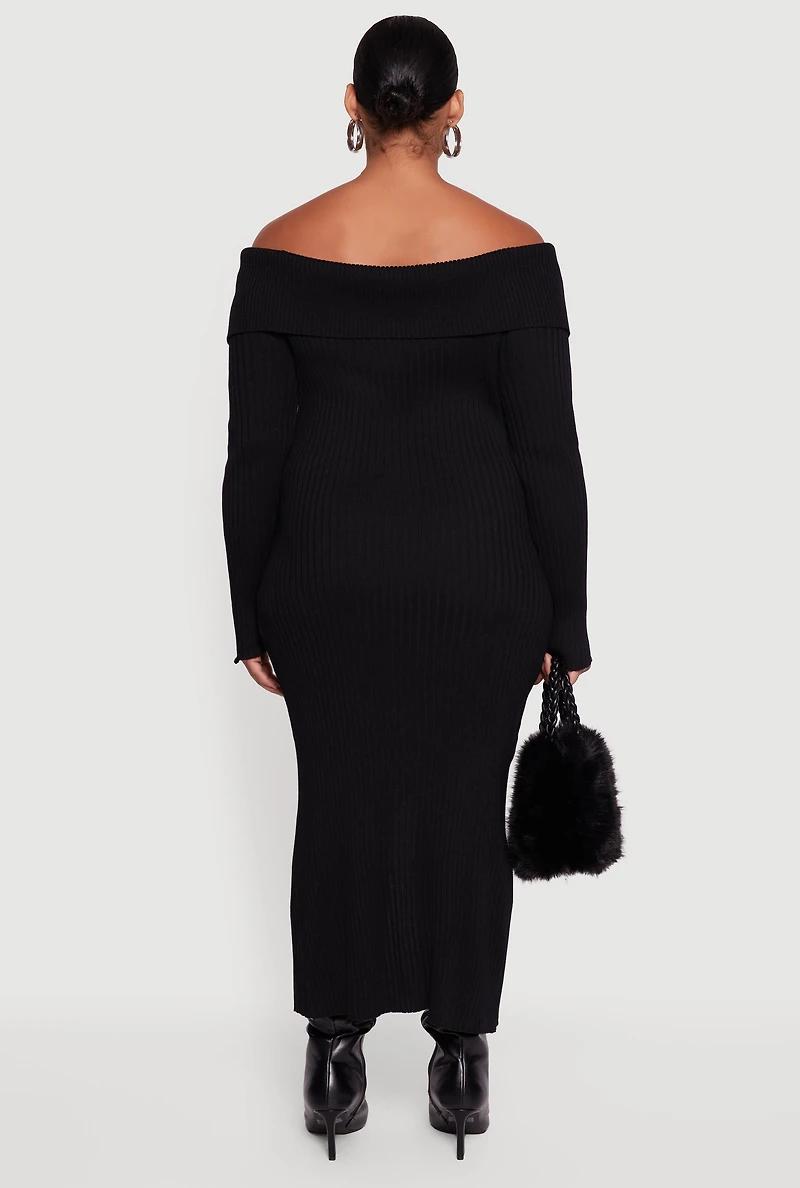 Womens Plus Zip Front Fold Over Off the Shoulder Dress, 3X