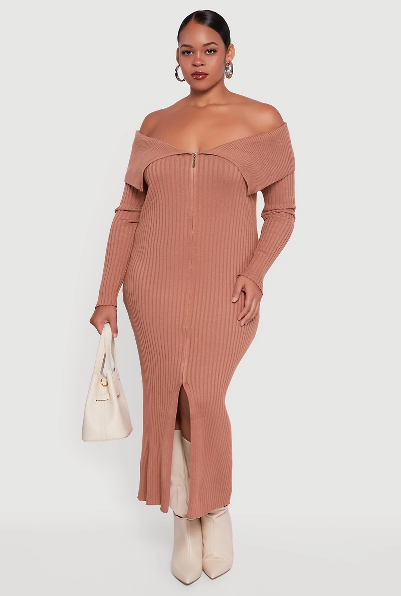 Womens Plus Size Zip Front Fold Over Off the Shoulder Dress, Brown, Size 2X