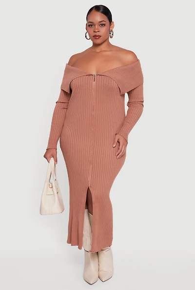 Womens Plus Size Zip Front Fold Over Off the Shoulder Dress, Brown, Size 2X