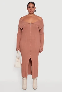 Womens Plus Size Zip Front Fold Over Off the Shoulder Dress, Brown, Size 2X