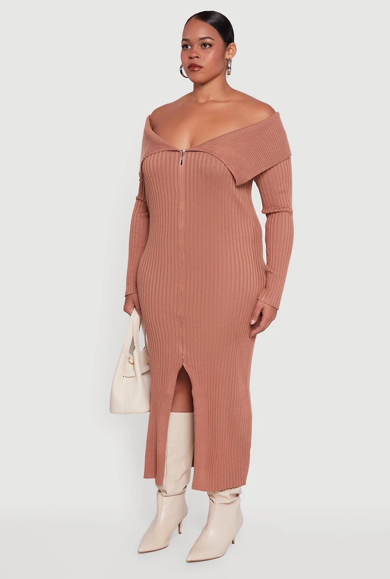 Womens Plus Size Zip Front Fold Over Off the Shoulder Dress, Brown, Size 2X