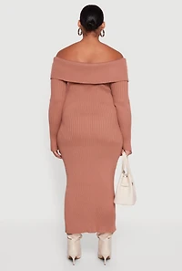Womens Plus Size Zip Front Fold Over Off the Shoulder Dress, Brown, Size 2X